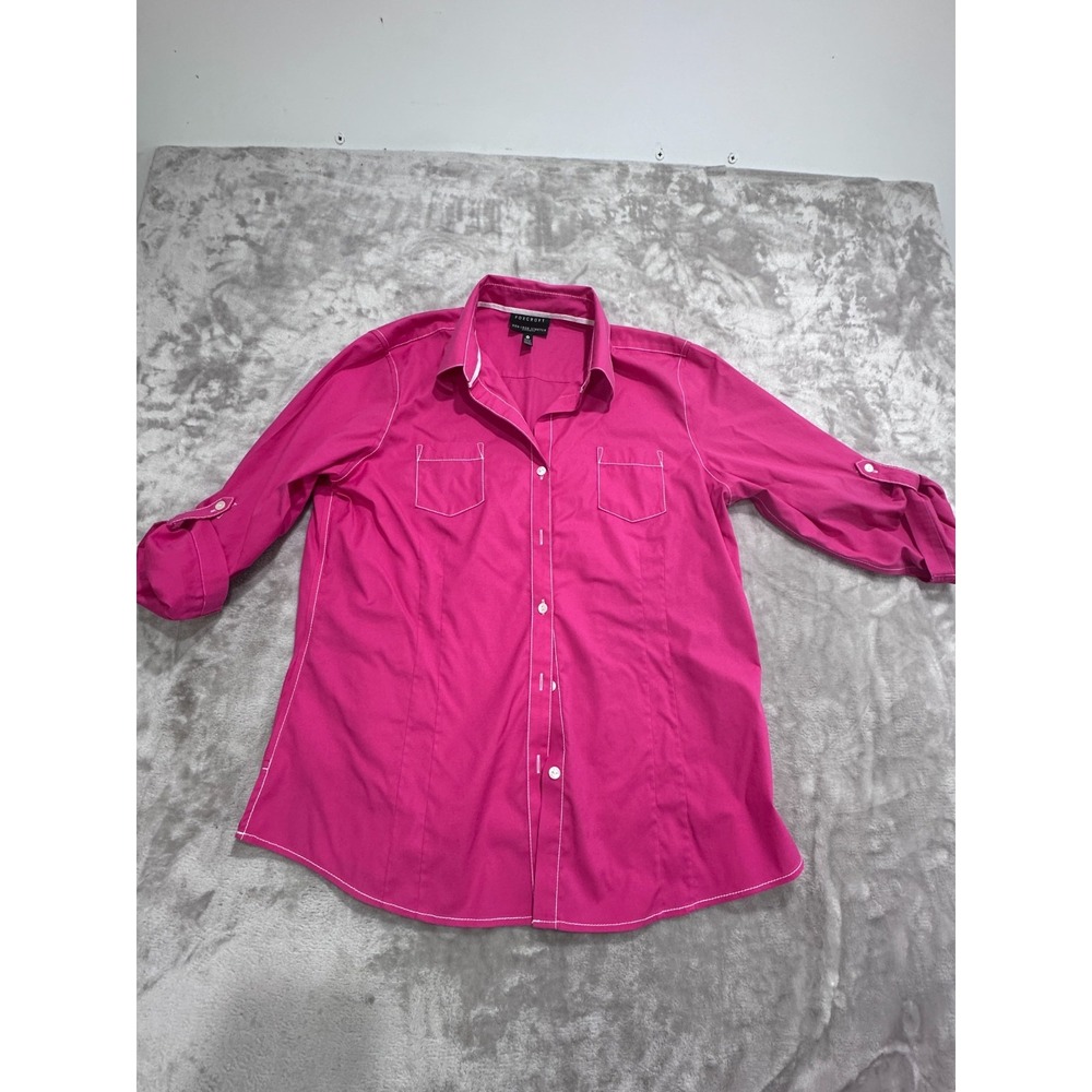 Foxcroft Womens Non-Iron Stretch Shirt 14 Pink Button Up Roll Tab Sleeve Fitted